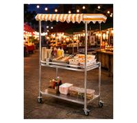 Chariot de marché mobile avec auvent, cabine de nourriture pliable à 2 niveaux et support de boissons, chariot pliable robuste pour les marchés agricoles