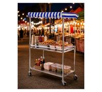 Chariot de marché mobile, cabine alimentaire pliable à 2 niveaux avec auvent et roues, chariot pliable robuste pour marchés agricoles, présentoir portable de desserts