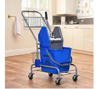 Chariot de ménage professionnel 26 L avec presse à balai et 2 bacs de rangement, plastique bleu, 73x45x95 cm