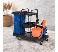 Chariot de ménage professionnel en métal deep black avec essoreuse, 2 seaux de 18 L et sac à déchets, 111 x 63,3 x 103 cm