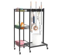 Chariot de nettoyage, support pour outils de jardin, avec roue et crochet, support pour outils de jardin, porte-balai, étagère de rangement multi-usages, organisateur de nettoyage mobile