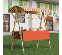 Chariot de nourriture pliable d'extérieur avec auvent, présentoir portable en bois avec roulettes, large comptoir de marché agricole pour événements en plein air, marchés et aliments de rue