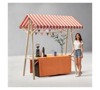 Chariot de nourriture portable avec auvent rayé, support mobile robuste avec roulettes, présentoir commercial en bois pour vendre des collations et des bonbons