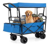 Chariot de Plage COSTWAY Roues Tout-Terrain 100L Pliable avec Auvent Amovible,Poignées Réglables,Sac de Rangement Détachable Bleu