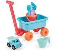 Chariot de plage ECOIFFIER Filled Beach Cart 8 accessoires 18 mois Roue orange, poignée rouge, bac bleu, seau rouge à bord orange, arrosoir bleu clair, pelle bleue claire, râteau bleu clair, moule vio