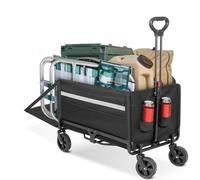 Chariot de plage pliable 120 l + jusqu'à 150 kg avec hayon, protection contre la pluie, porte-gobelet, bandes réfléchissantes, chariot pliable pour chien, shopping, camping, plage, transport