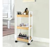 Chariot de Rangement, 4 Niveaux Chariot à Roulette, Panneau d'Aggloméré, avec Frein, Tiroir Supérieur, Étagères, pour Cuisine, Salle de Bain, Chambre, 20 * 30 * 80cm-Blanc