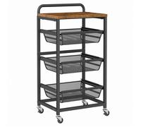 Chariot de Rangement 4 Niveaux - VASAGLE - Paniers Extractibles - Roulettes - Marron Rustique/Noir