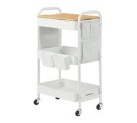 Chariot de rangement à 3 Niveaux, Chariot Roulant avec table Supérieure, 2 Pots Amovibles, 6 Poches Latérales, Blanc Nuage