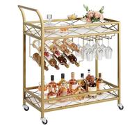 Chariot de Rangement à roulettes Chariots de Bar à 2 Niveaux pour la Maison, avec 4 Roues, Finition marbre Blanc, étagère en Bois, casier à vin, Support en Verre Chariot Rangement
