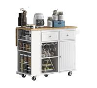 Chariot de Rangement à roulettes Chariots de Cuisine sur Roues avec Rangement, abattant, Prise de Courant, tiroir, comptoir d'armoire, Dessus en Bois d'hévéa Chariot Rangement(White)