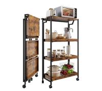 Chariot de Rangement à roulettes Verrouillables, Étagère de Cuisine Pliable en Bois à 4 Niveaux, Rangement Cuisine Peut Supporter 100 lbs, Étagères sont Amovibles, Gagnez de l'espace