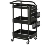 Homcom Desserte Chariot Métal Noir Roulettes 3 Niveaux Range-Couverts 4 Crochets Cuisine | Aosom France