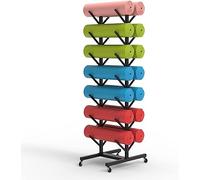 Chariot de rangement double face pour tapis de yoga, 7 étagères avec roulettes, sangle de yoga, bandes de résistance et rouleau en mousse à la maison