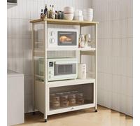 Chariot de rangement mobile de cuisine, chariot de cuisine réglable en métal avec roulettes verrouillables, dessus en bois et armoires pour four et micro-ondes