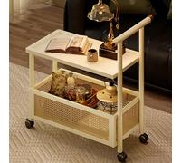 Chariot de service à roulettes en bambou à 2 niveaux avec roulettes et panier en rotin pour cuisine, salon, terrasse