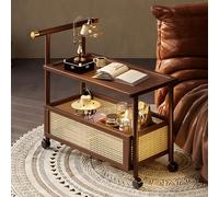 Chariot de service à roulettes en bambou à 2 niveaux avec roulettes et panier en rotin pour cuisine, salon, terrasse