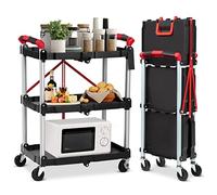 Chariot de service avec roulettes - Chariot pliable à 3 étages - Chariot de service polyvalent avec poignée ergonomique et 2 roues verrouillables - 60 x 38 x 83 cm - Chariot de cuisine pour bureau