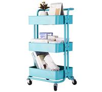 Chariot de service de cuisine familial à 3 couches avec tube de support épais en acier au carbone, rotation libre à 360°, facile à assembler, 2 couleurs (bleu 43,5 x 34 x 82 cm)