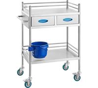 Chariot de service de laboratoire en acier inoxydable, 2 étagères, chariot médical pour dentistes avec 2 tiroirs, roues verrouillables et seau - Idéal pour les laboratoires, les hôpitaux et l'utilisat