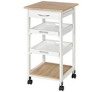 Chariot De Service Desserte De Cuisine À Roulettes 2 Plateaux Amovibles, Tiroir, Étagère Mdf Chêne Clair Blanc