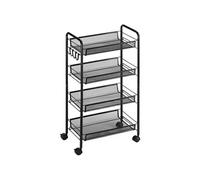 Chariot De Service Desserte De Cuisine À Roulettes 4 Paniers Métalliques Amovibles 4 Crochets Acier Noir