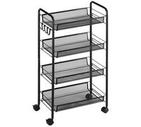 Chariot De Service Desserte De Cuisine À Roulettes 4 Paniers Métalliques Amovibles 4 Crochets Acier Noir