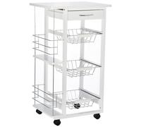 HOMCOM Chariot de Service desserte de Cuisine à roulettes Multi-rangements 3 paniers métal tiroir + 2 Range-Bouteilles Bois pin Blanc