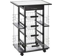HOMCOM Chariot de Service desserte de Cuisine à roulettes Multi-rangements 4 paniers métal tiroir + 4 Range-Bouteilles Bois pin Noir Plateau carrelé Blanc