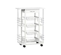 Chariot de service desserte de cuisine à roulettes multi-rangements 4 paniers métal tiroir + 4 range-bouteilles bois pin plateau carrelé blanc