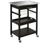 Chariot De Service Desserte De Cuisine À Roulettes Multi-Rangements 60l X 40l X 85h Cm Plateau Acier Inox Noir