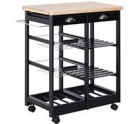 HOMCOM Chariot de service desserte de cuisine à roulettes multi-rangements 74L x 37l x 76H cm plateau bois massif pin châssis MDF noir