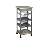 HOMCOM Chariot de Service desserte de Cuisine à roulettes Panier + 2 Plateaux Amovibles, tiroir, étagère en Bois chêne Clair Bois pin Gris