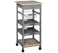 Chariot De Service Desserte De Cuisine À Roulettes Panier + 2 Plateaux Amovibles, Tiroir, Étagère Mdf Chêne Clair Bois Pin Gris