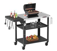 Chariot de Service en Acier Inoxydable a 3 Niveaux PARGRILL, Chariot Barbecue Exterieur avec Table d'appoint Pliable, Desserte a roulettes Pivotantes a 360° avec Frein, pour Cuisine, Barbecue, Jardin