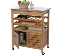 Desserte HW C-D15 roulettes, chariot de service, cuisine, bambou, plateau en acier affiné 89x70x37cm
