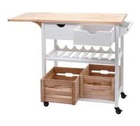 Chariot de service HWC-G35, chariot de cuisine à roulettes bois de pin 89x119x41cm, blanc naturel