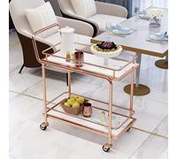 Chariot de service multifonction à 2 étages avec roulettes pour vin, bière, thé, café, desserts, rose et blanc, chariot de rangement avec poignée