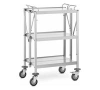 Chariot de Service Pliable en INOX - 3 Plateaux - 650 × 400 mm - Capacité Max 150 kg - Roues 130 mm avec Freins pour Restauration, Hôtels, Collectivités (Modèle Compact - 63 x 40 cm)