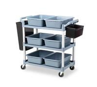 Chariot de service robuste pour restaurant avec 6 bacs et 2 barils, chariot de cuisine à roulettes à 3 niveaux avec dessus épais antidérapant, chariot de vaisselle commercial pour cuisine et buanderie