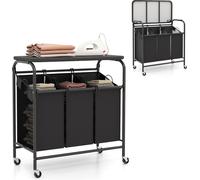 Chariot de tri du linge COSTWAY avec 3 compartiments et planche à repasser intégrée, panier à linge sur roulettes avec roues verrouillables, chariot de collecte robuste Noir + Gris