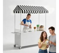 Chariot de Vendeur Mobile avec Auvent Rayé - Stand de Concession Portable & Charrette Alimentaire, Stand Multi-Display avec Garde-corps, Grand Plan de Travail & Rangement(White,100cm/39in)
