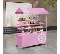 Chariot De Vente Ambulant 4 Niveaux Avec Auvent, Stand D’exposition Alimentaire Mobile À Roulettes Verrouillables, Kiosque De Marché En Fer Avec Grand Espace De Rangement, Idéal Pour Événements