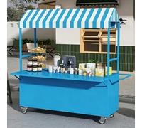 Chariot de Vente Ambulant, Présentoir Mobile avec Auvent Rayé, Chariot de Vente de Cuisine de Rue, À Roulettes, Comptoir Extensible, pour Événements, Marché(Blue,200cm/78.7in)