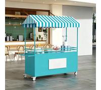 Chariot De Vente Ambulante, Chariot Alimentaire Portable Avec Auvent Rayé, Stand Extérieur Mobile Avec Grand Rangement Et Plateau Sécurisé, Idéal Marché Événement(Blue,L 120CM/47.2IN)