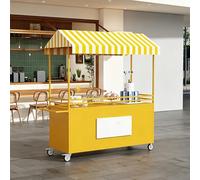 Chariot De Vente Ambulante, Chariot Alimentaire Portable Avec Auvent Rayé, Stand Extérieur Mobile Avec Grand Rangement Et Plateau Sécurisé, Idéal Marché Événement(Yellow,L 140CM/55.1IN)
