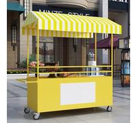 Chariot De Vente Ambulante, Chariot Alimentaire Portable Avec Auvent Rayé, Stand Extérieur Mobile Avec Grand Rangement, Idéal Marché Événement Professionnel(Yellow)