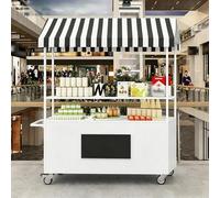Chariot de Vente Ambulante Extérieur avec Toit Rayé, Stand Alimentaire Mobile avec Grand Plateau Sécurisé et Rangement pour Marchés(White,L 140CM/55.1IN)