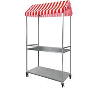 Chariot de Vente de Nourriture de Rue Mobile avec auvent rayé, Cadre de Stand de marché Pliable, Chariot de Nourriture de Rue à 2 Niveaux avec Cadre en Fer(Red,39" Lx20 Wx75 H/100x50x190cm)