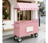 Chariot de vente en fer avec auvent rayé, roues 6 pouces, capacité 500 kg - Stand mobile pour marché fermier, événements Pink 47.2inX22.8inX74.8in